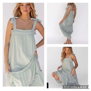 Boho sage green gauze rayon shoulder bow tie midi dress